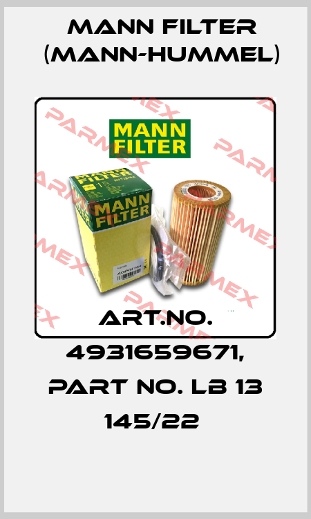 Art.No. 4931659671, Part No. LB 13 145/22  Mann Filter (Mann-Hummel)