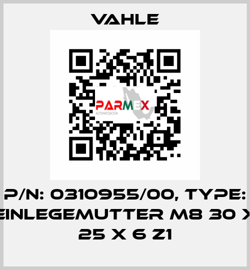 P/n: 0310955/00, Type: Einlegemutter M8 30 x 25 x 6 Z1 Vahle