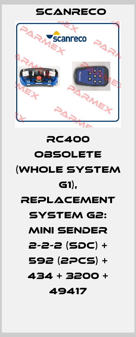 RC400 obsolete (whole system G1), replacement system G2: Mini Sender 2-2-2 (SDC) + 592 (2pcs) + 434 + 3200 + 49417 Scanreco