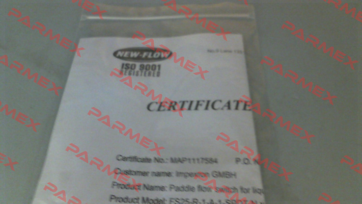 Material certificate for FS25-R-1-A-1-SPDT-N New-Flow