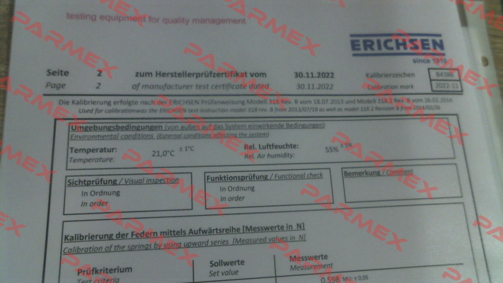 Calibration certificate for 00200131 Erichsen