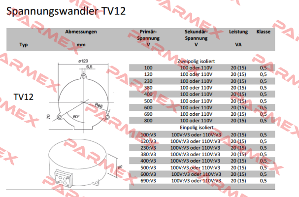 TV12, 690/100V Kl.0,5 20VA  Revalco