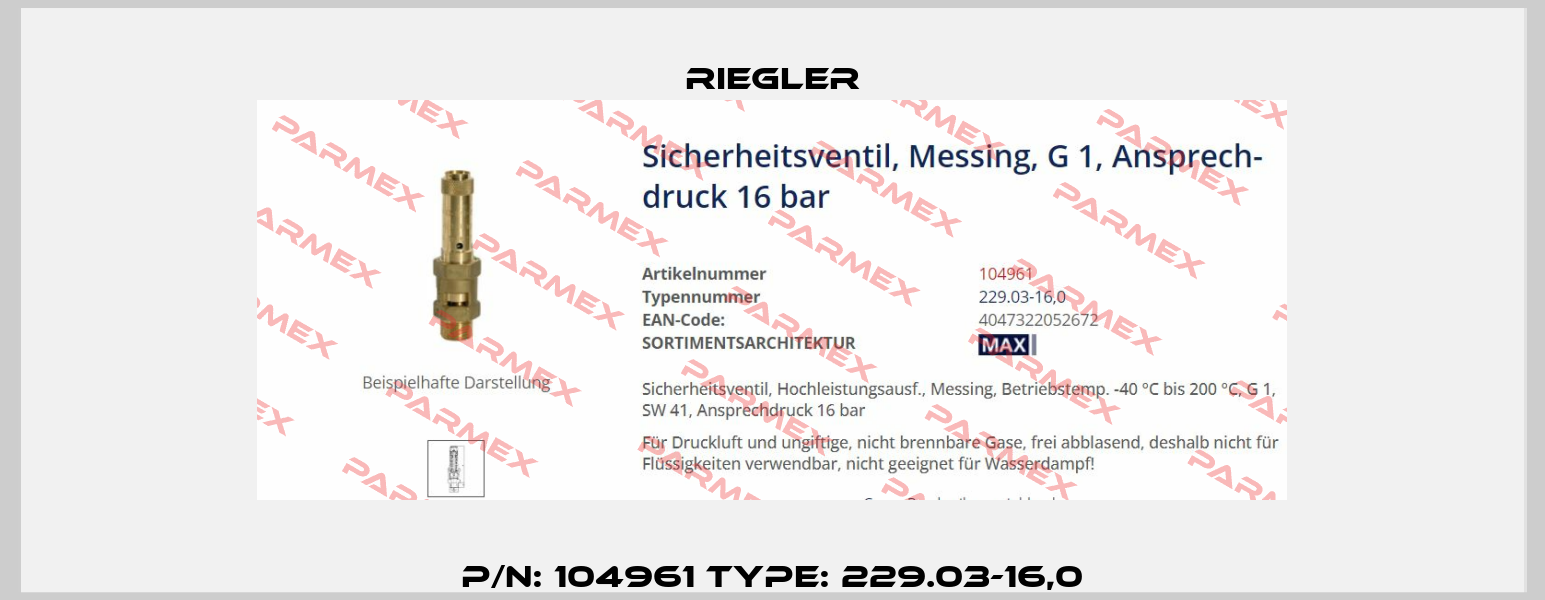 P/N: 104961 Type: 229.03-16,0 Riegler