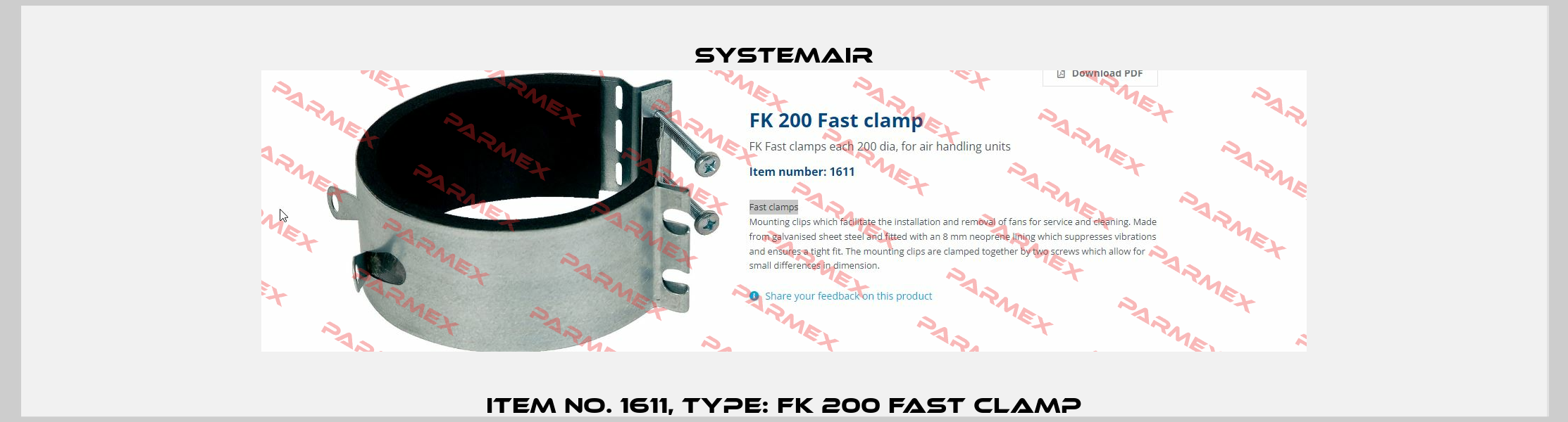 Item No. 1611, Type: FK 200 Fast clamp Systemair